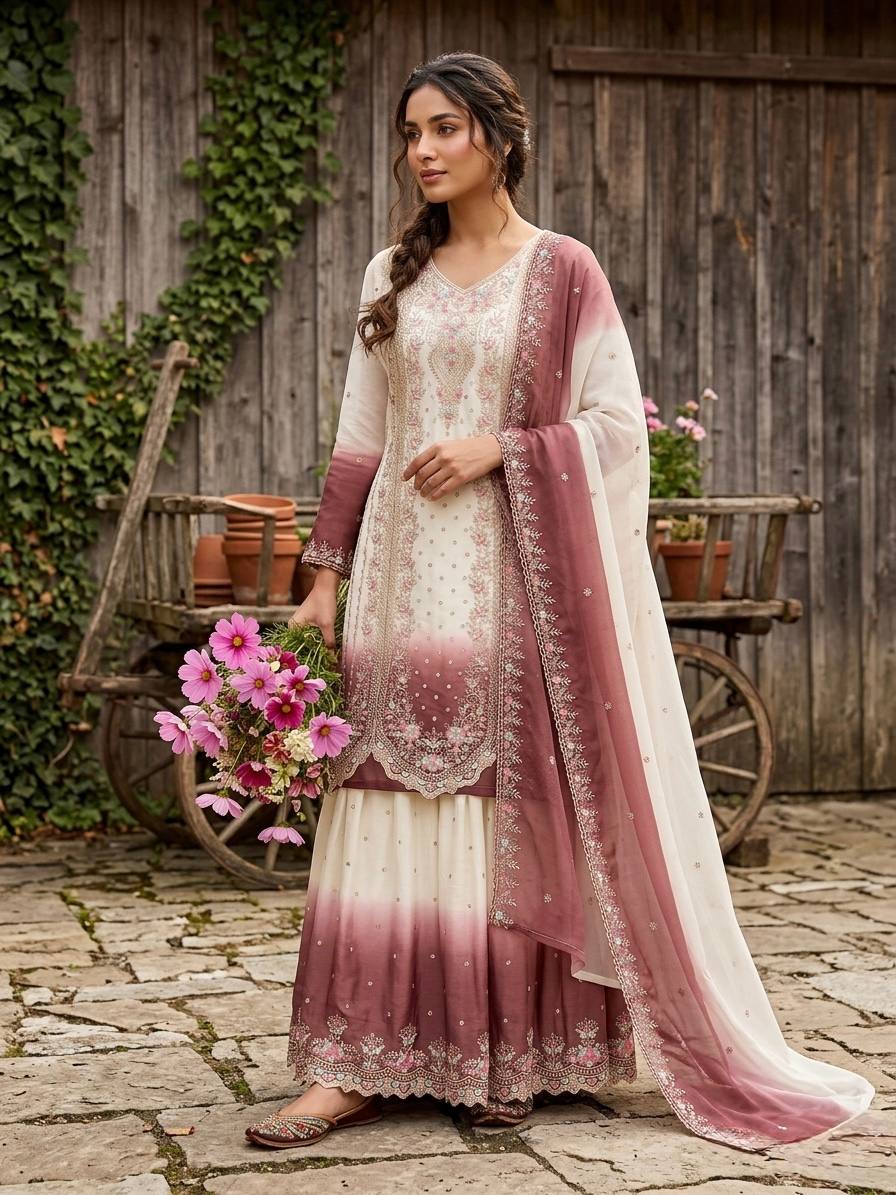 Peaceful Pink Color Embroidered Thread Work Palazzo Suit With Dupatta