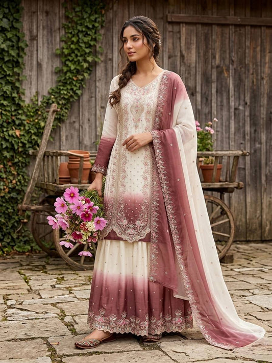 Peaceful Pink Color Embroidered Thread Work Palazzo Suit With Dupatta