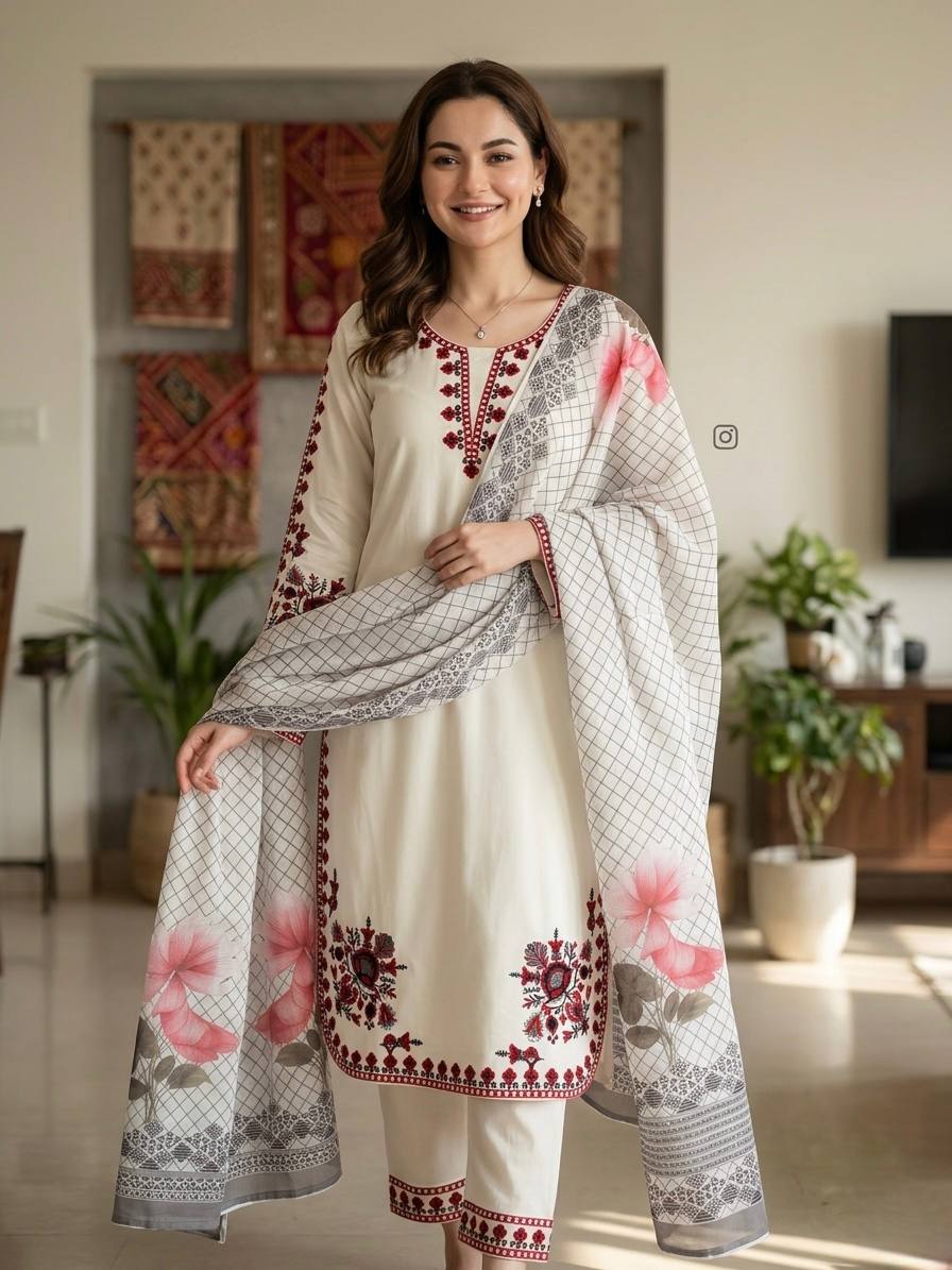 Peaceful White Color Embroidered Thread Work Palazzo Suit