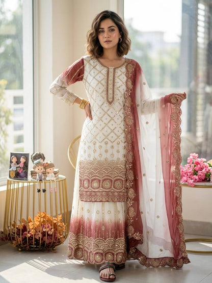Precious Red Color Heavy Embroidered Sequence Palazzo Suit With Dupatta