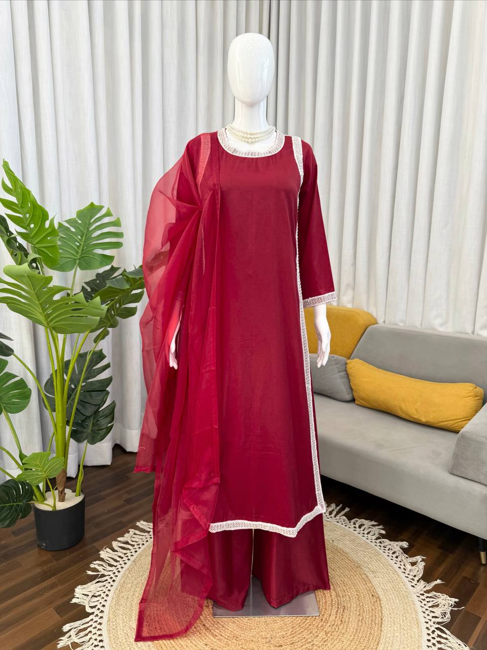 Preferable Maroon Color Natural Crepe Beads Work Palazzo Suit
