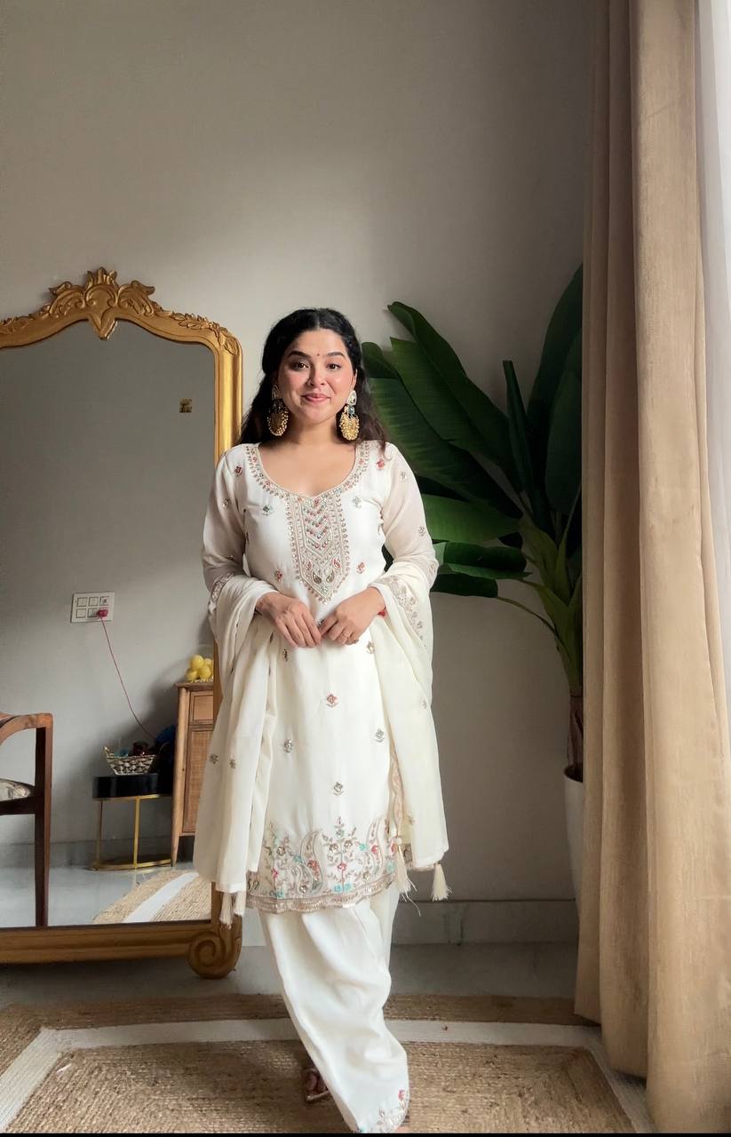 Preferable White Color Chinon Embroidered Salwar Suit With Dupatta