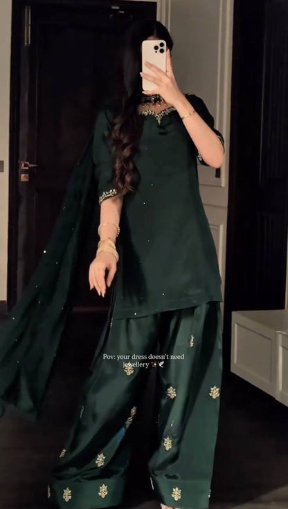 Presenting Green Color Sequence Pearl Work Farshi Suit With Dupatta