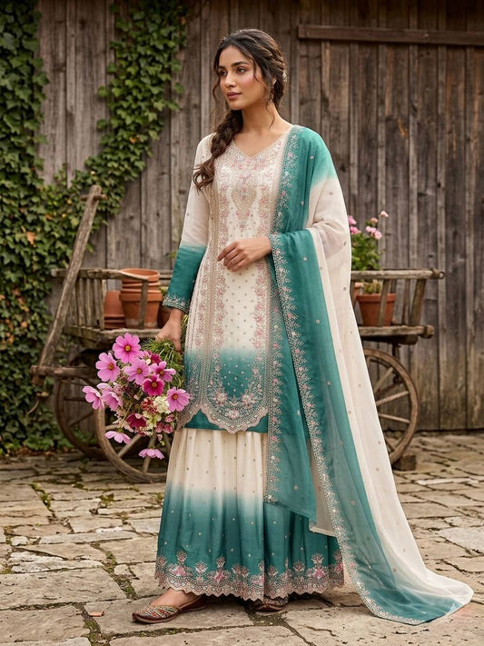 Presenting Sky Blue Color Embroidered Thread Work Palazzo Suit