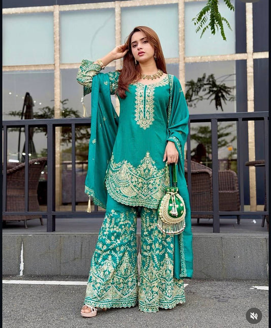 Pretty Green Color Chinon Silk Sequence Embroidered Work Palazzo Suit
