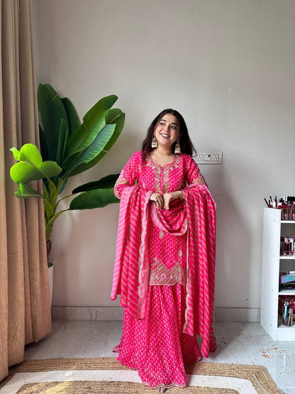 Pretty Pink Color Embroidered Work On Front Back With Diamond Work Sharara Suit