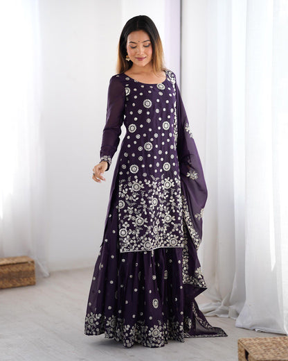 Wedding Wear Purple Star Georgette Thread With Sequence Work Sharara Suit