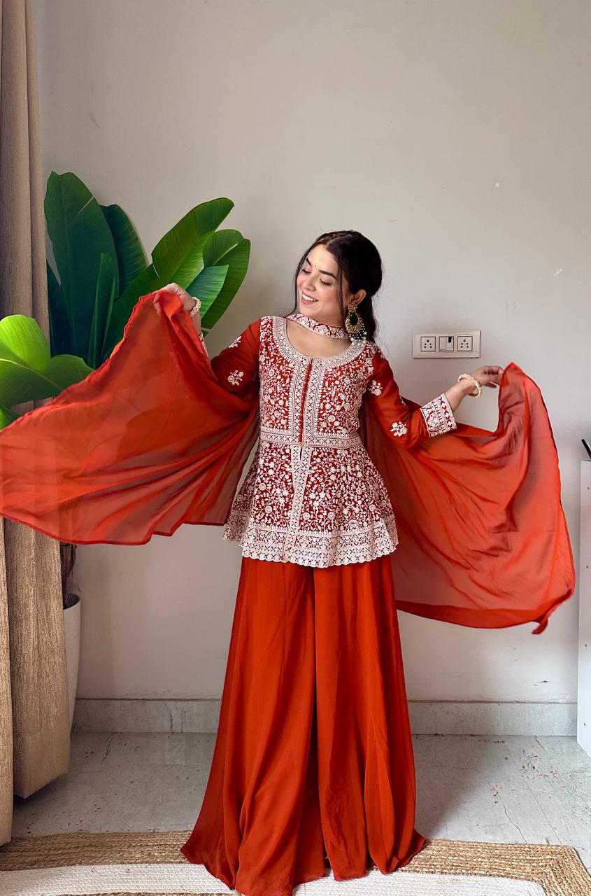 Ravishing Orange Color Georgette Embroidered Top With Palazzo Suit With Dupatta