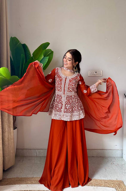 Ravishing Orange Color Georgette Embroidered Top With Palazzo Suit With Dupatta