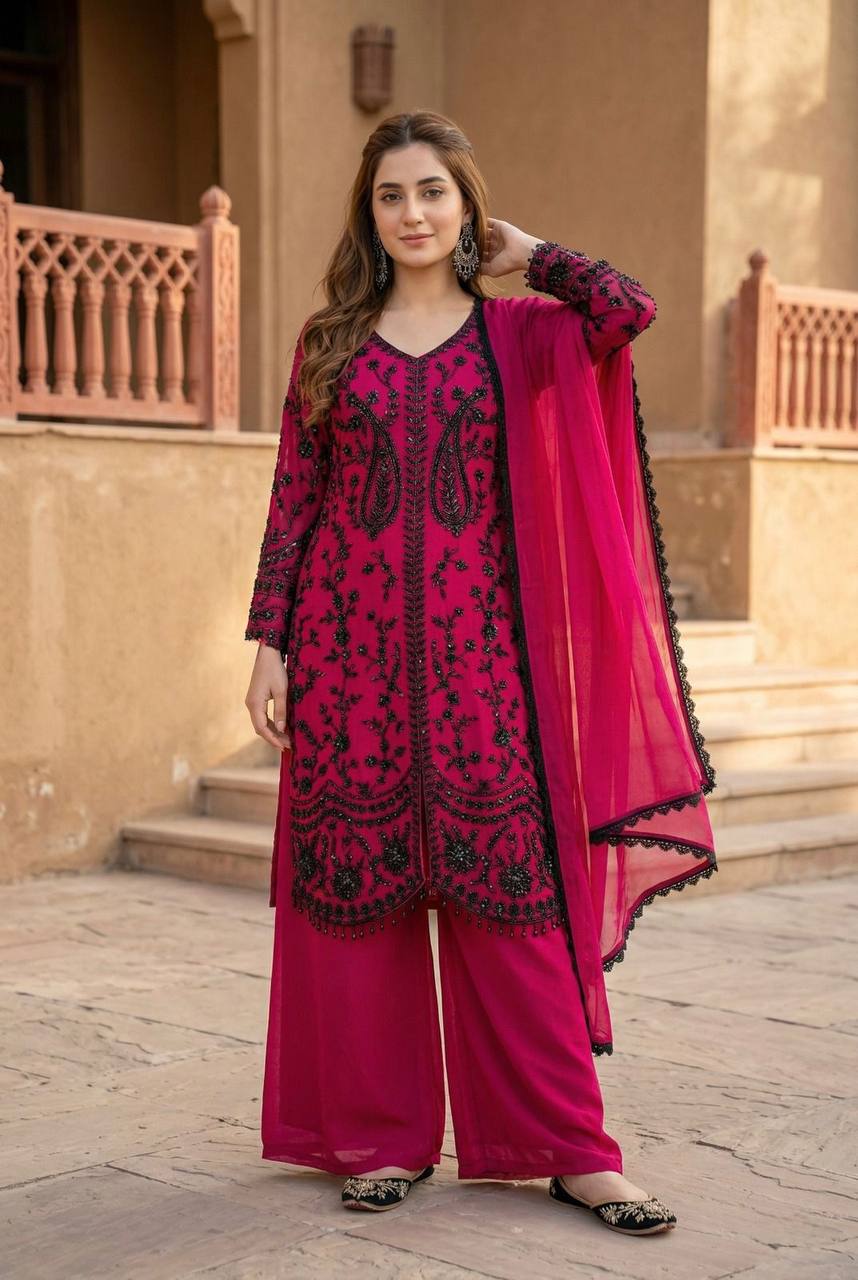 Ravishing Pink Color Heavy Faux Georgette Sequence Palazzo Suit
