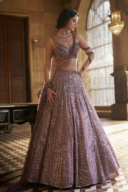 Reception Wear Purple Color Thread Embroidered Work Lehenga Choli