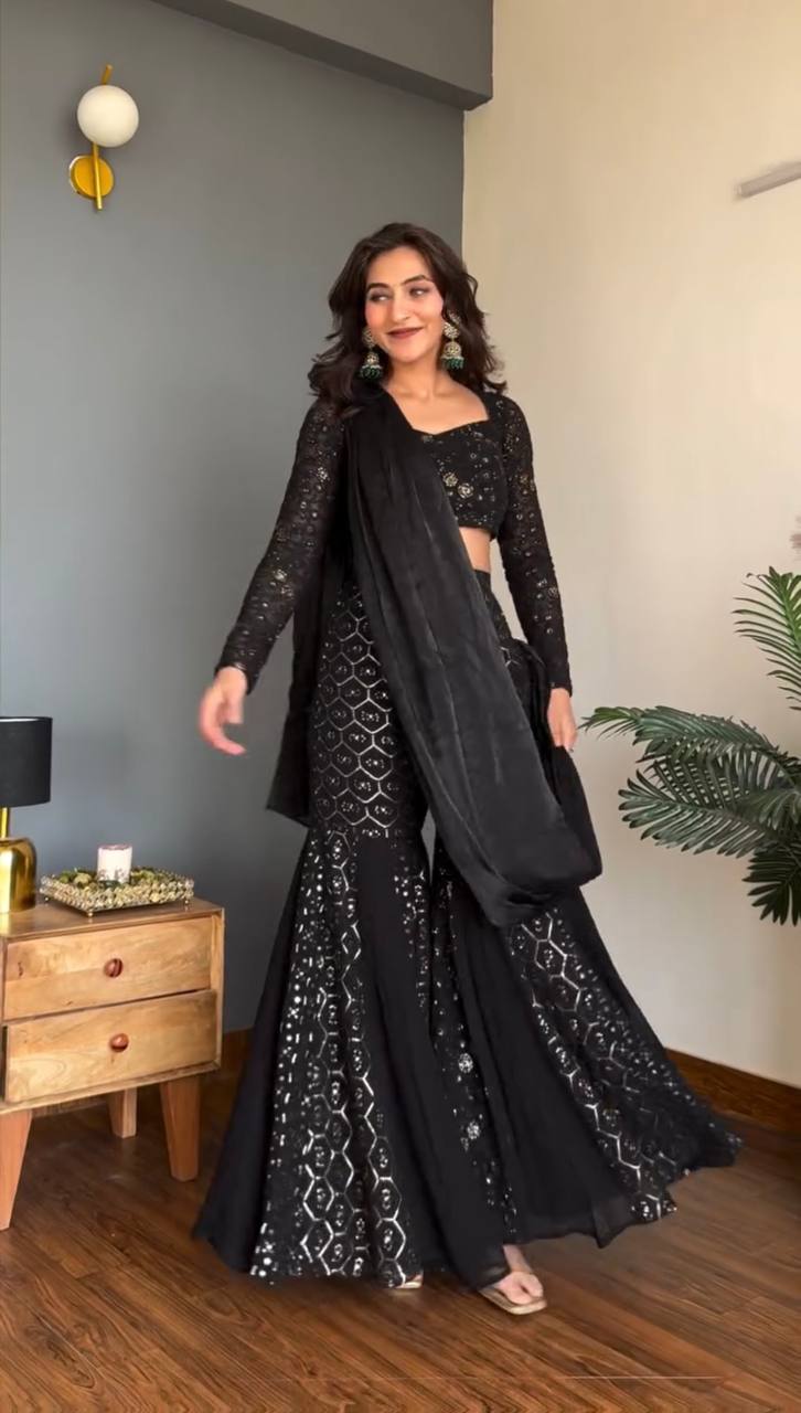 Sangeet Wear Black Color Faux Georgette Sequence Embroidered Work Top With Sharara