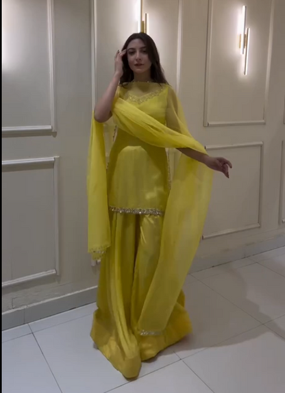 Haldi Wear Yellow Color Georgette Kurta With Real Mirror Work Palazzo Suit