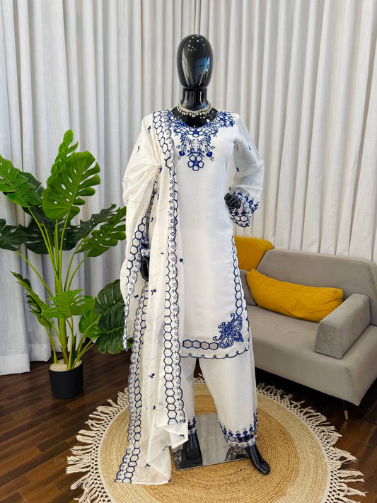 Shining Blue White Color Mull Chanderi Sequence Work Salwar Suit