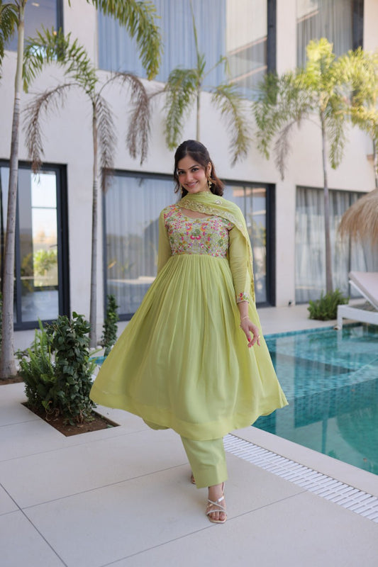 Shining Green Color Mal Chanderi Embroidered Work Gown