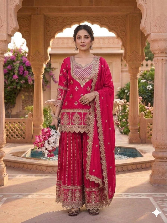 Shining Pink Color Heavy Chinon Silk Palazzo Suit
