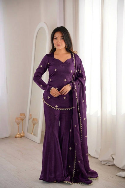 Shining Purple Color Sequence Embroidered Work Top With Sharara Suit