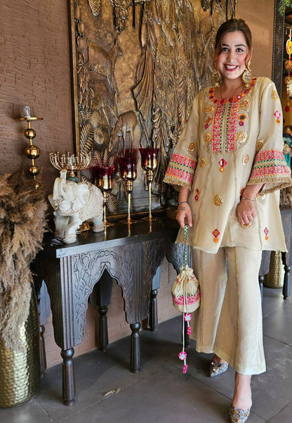 Stylish Beige Color Real Mirror Sequence Embroidered Salwar Suit