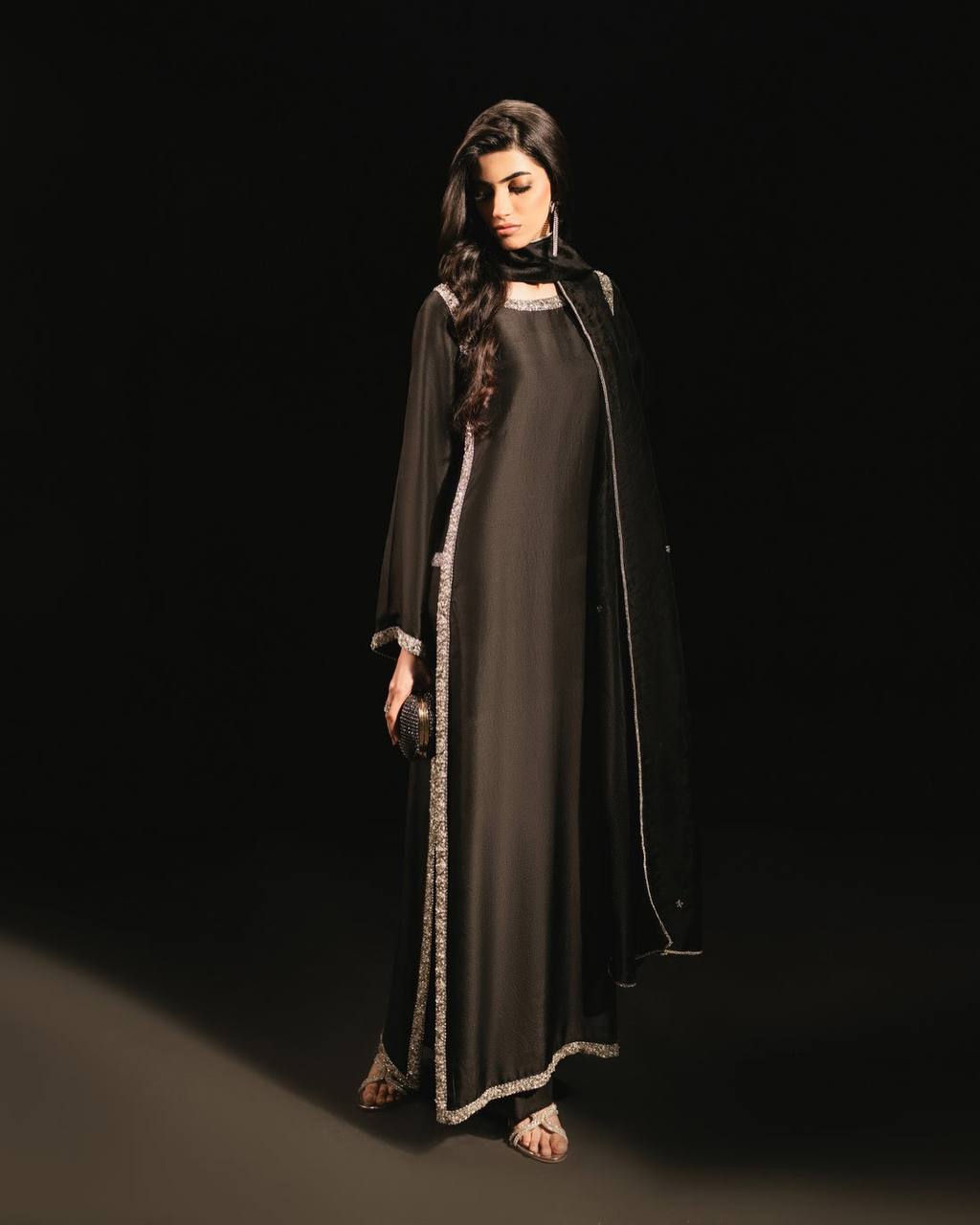 Stylish Black Color Natural Crepe Beads Work Palazzo Suit With Dupatta