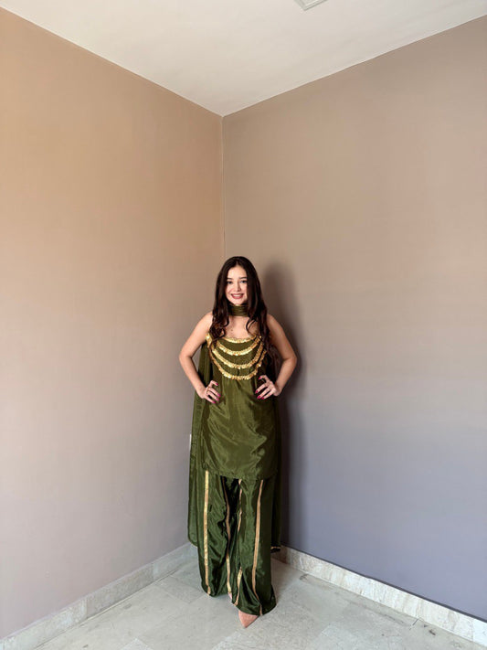 Stylish Green Color Chinon Palazzo Suit With Dupatta