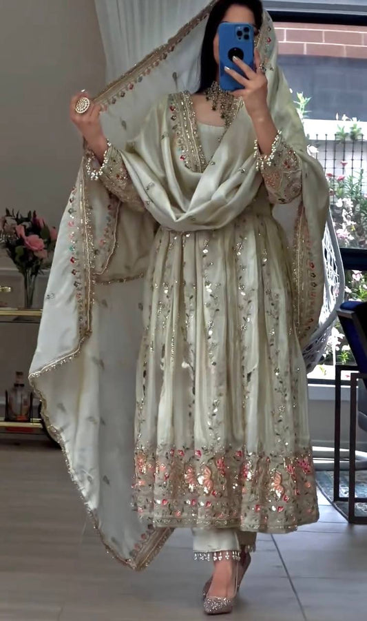 Superhit White Color Pure Sheesha Silk Embroidered Work Anarkali Suit