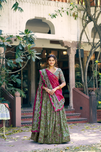 Traditional Wear Green Color Tasar Silk South Style Lehenga Choli