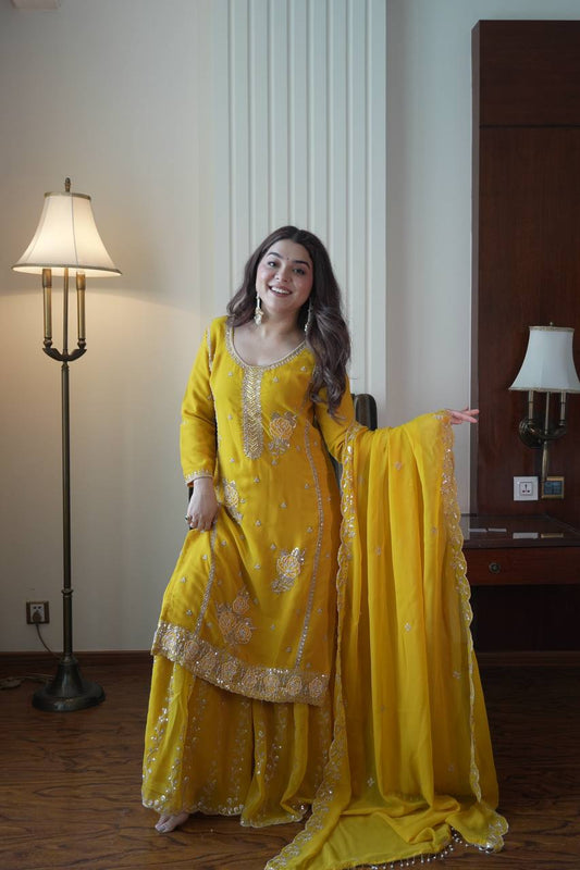 Traditional Wear Yellow Color Faux Georgette Sequence Embroidered Sharara Suit