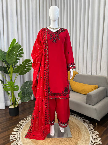 Trendy Red Color Mull Chanderi Thread With Sequence Palazzo Suit