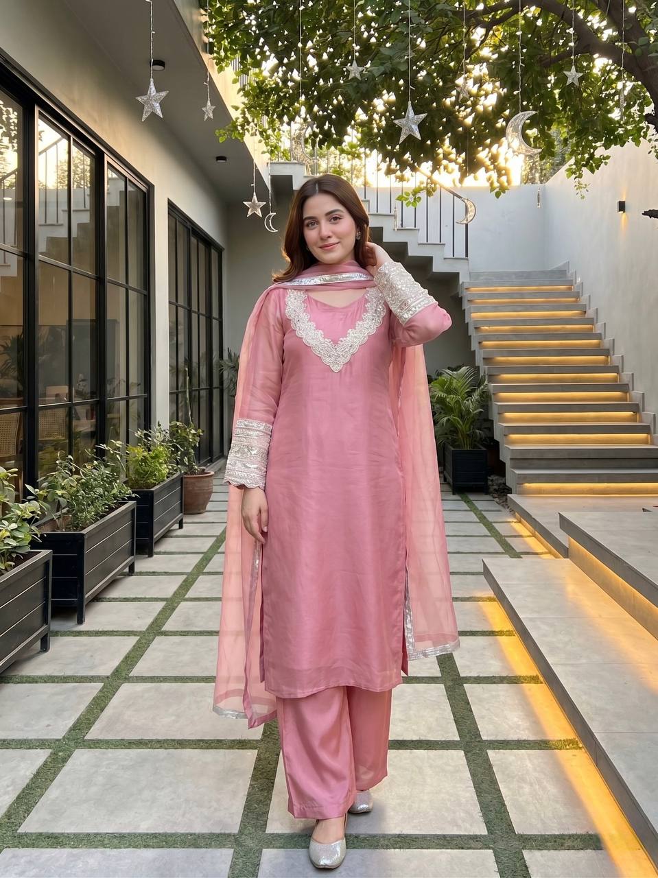 Unique Pink Color Heavy Embroidered Coding Sequence Work Kurti Set