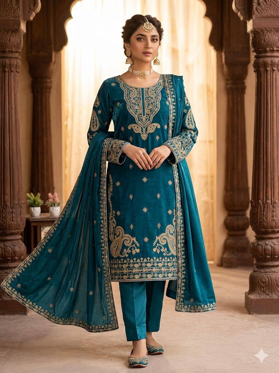Wedding Wear Blue Color Cording Sequence Embroidered Salwar Suit