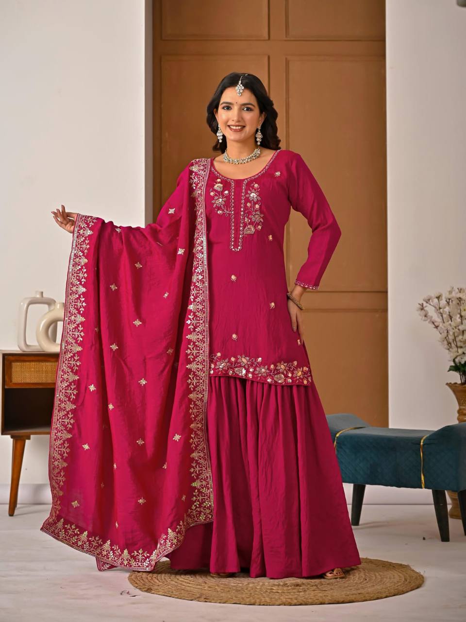 Wedding Wear Pink Color Elegant Bits Work Sharara Suit