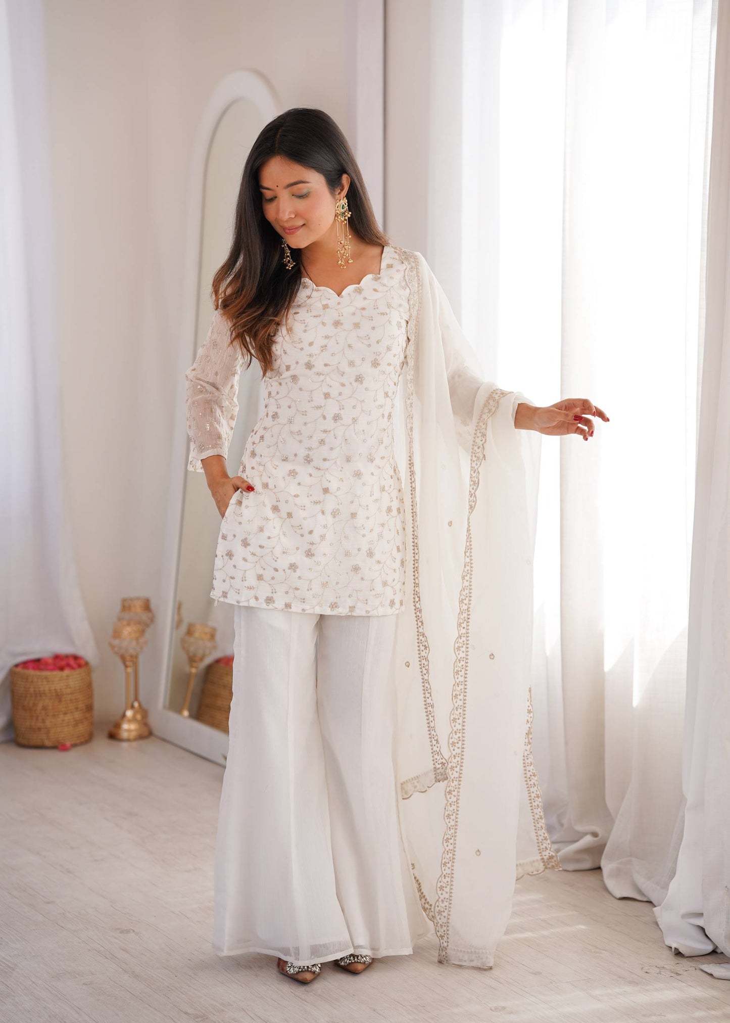 Wedding Wear White Color Sequence Jari Work Bell Bottom Pant With Kurta
