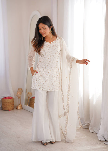 Wedding Wear White Color Sequence Jari Work Bell Bottom Pant With Kurta
