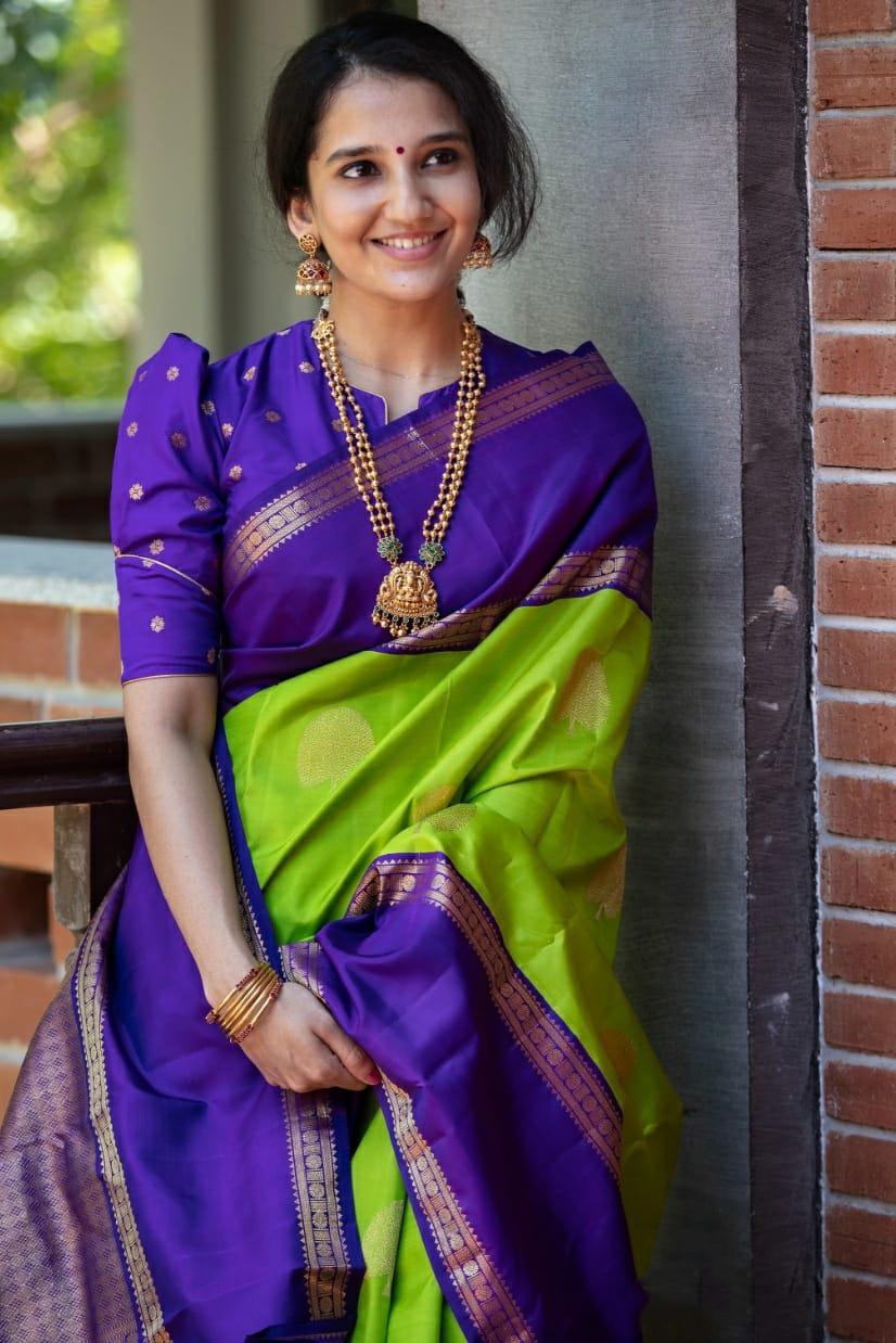 Parrot Green Color Soft Lichi Silk Imposing Saree