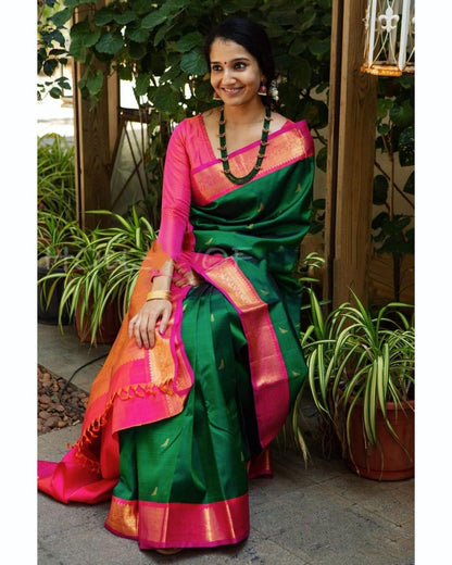 Green With Pink Color Soft Lichi Silk Saree
