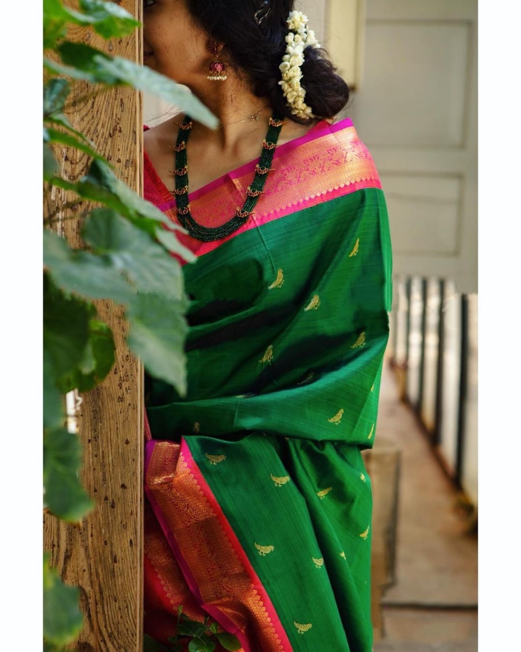 Green With Pink Color Soft Lichi Silk Saree