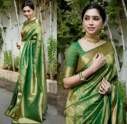 Green Color Pure Soft Lichi Silk Amazing Saree