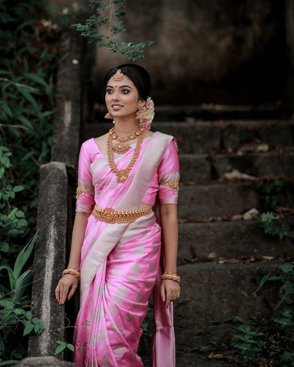 Trendy Light Pink Lichi Silk Silver Jari Saree