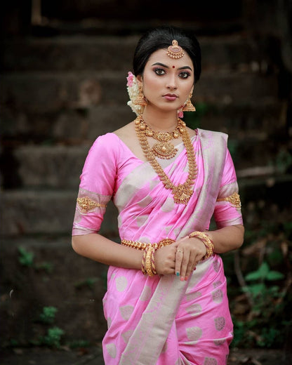Trendy Light Pink Lichi Silk Silver Jari Saree