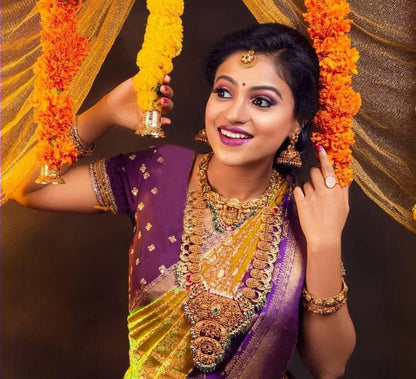 Yellow Color Banarasi Purple Border Saree