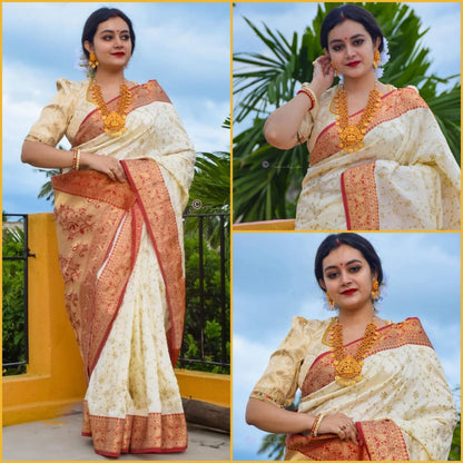 White With Red Color Soft Silk Designer Saree