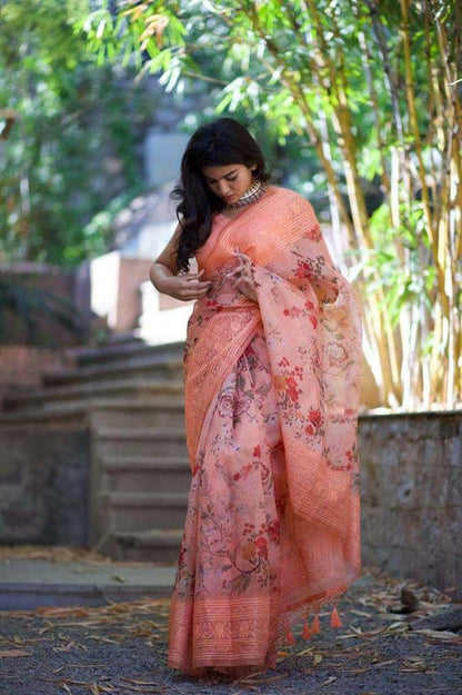 Alluring Peach Color Digital Print Organza Saree