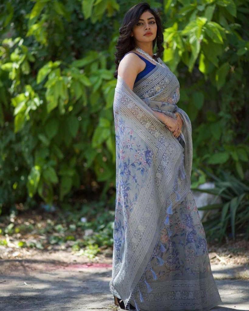 Stunning Grey Color Digital Printed Organza Saree