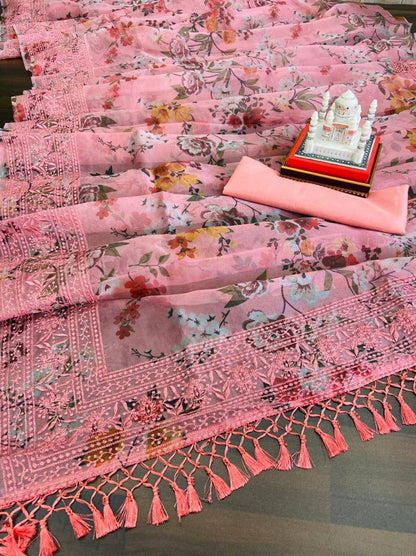 Alluring Peach Color Digital Print Organza Saree