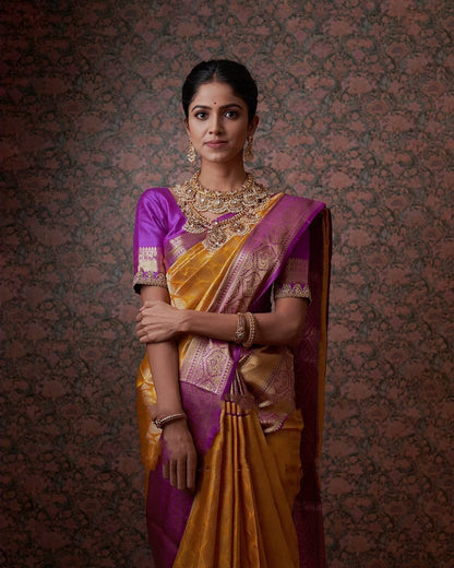Designer Yellow Color Lichi Silk Golden Design Saree