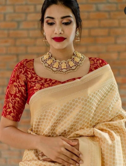Awesome Cream Color Soft Banarasi Silk Saree