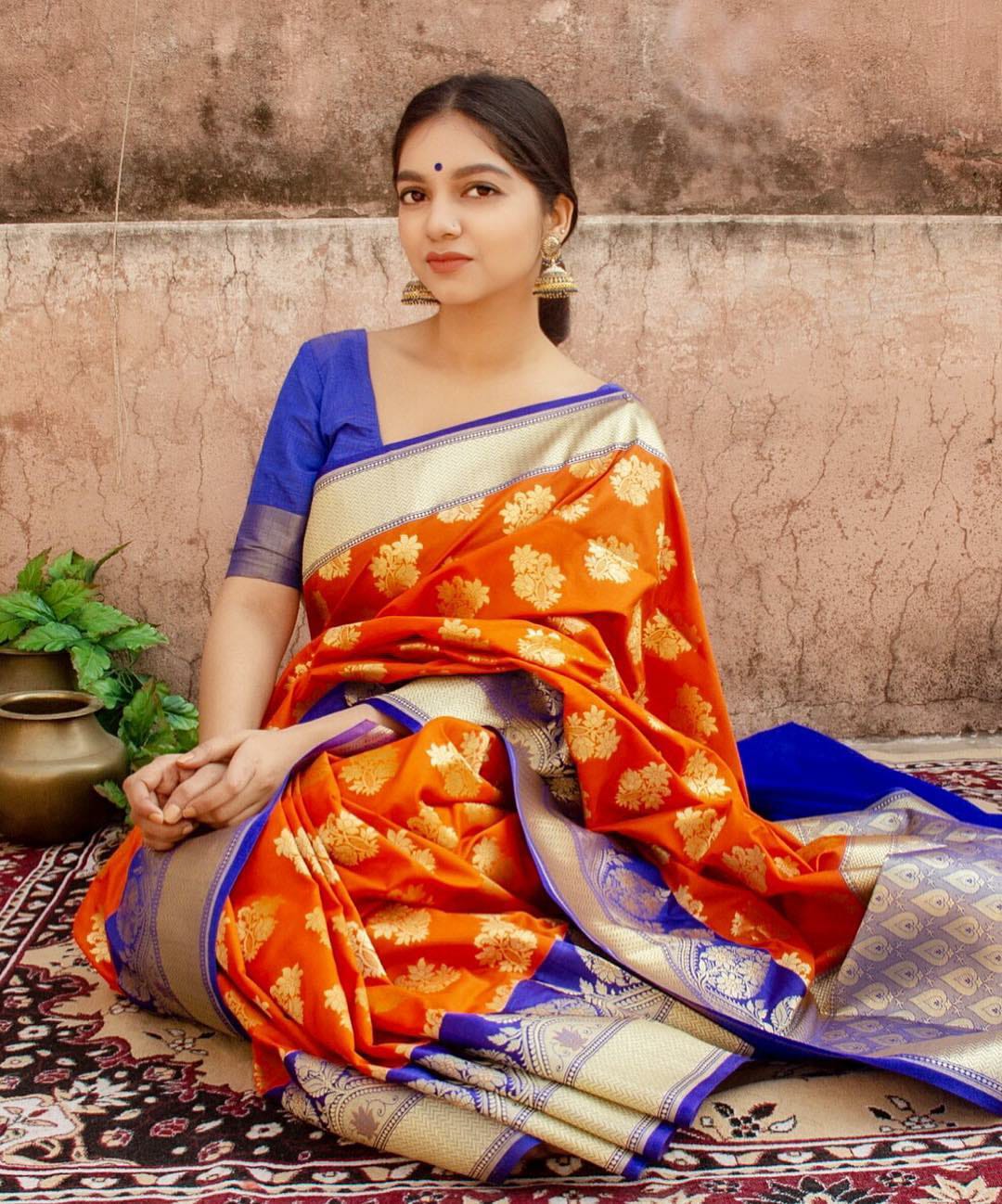 Soft Lichi Silk Golden Zari Orange Color Saree