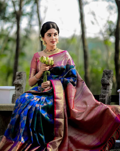 Blue and Pink Color Soft Banarasi Silk Saree