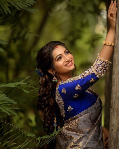 Stunning Grey Color Banarasi Soft Silk Saree
