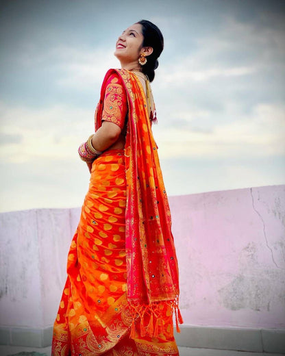 Orange Color Hand Work Stunning Saree